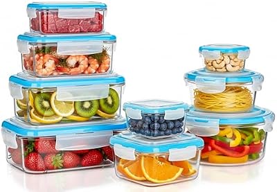 Set di contenitori in vetro per la conservazione degli alimenti - 18 pezzi (9 contenitori e 9 coperchi) - A tenuta d'aria, a prova di perdite - Senza BPA
