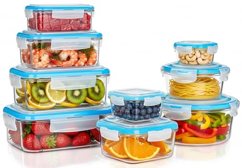 Set di contenitori in vetro per la conservazione degli alimenti - 18 pezzi (9 contenitori e 9 coperchi) - A tenuta d'aria, a prova di perdite - Senza BPA