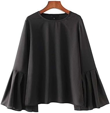 SHILINWEI Women Sweet Flare Sleeve Loose Shirts Solid O-Neck Long Sleeve Blouse-