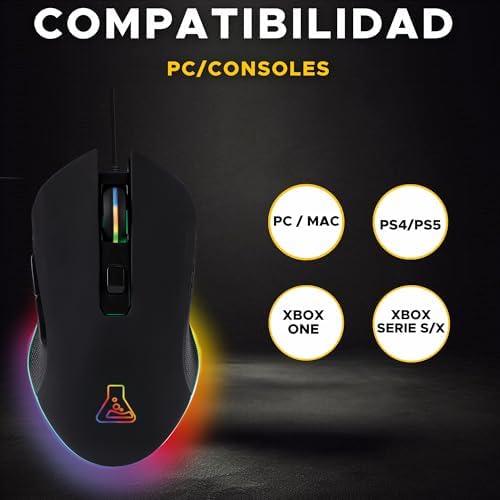 Kult Helium - RATÓN Gaming - 800 a 3200 dpi Sensor óptico, Retroiluminación 7 Colores LED, 6 Botones - Ratón de Juego cómodo y Ligero - Compatible con PC/Mac/Xbox One / PS4/PS5 (con Cable)