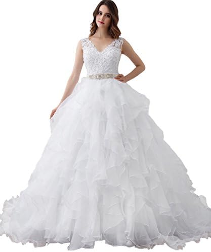 Kittybridal Women's V Neck Organza Ruffles Ball Gown Wedding Dresses Bride Dress 2017 Ivory US 20W