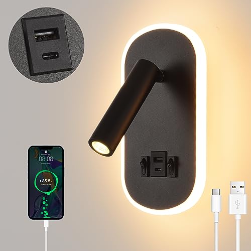 LED Reading Lamp with Switch, USB Charging Port + Type C Reading Light, 3W 3000K+9W 6000K Rotatable Wall Light for Reading, Indoor Inblack Wall Lighting, Night Lamp Bedroom Hotel
