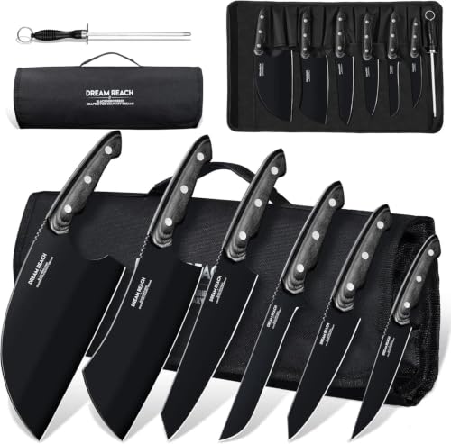 Dream Reach Kitchen Knives, Chef Knife Set 6 Pieces Stainless Steel with a Sharpener and Case for Meat, Vegetables, Barbecue and Outdoor