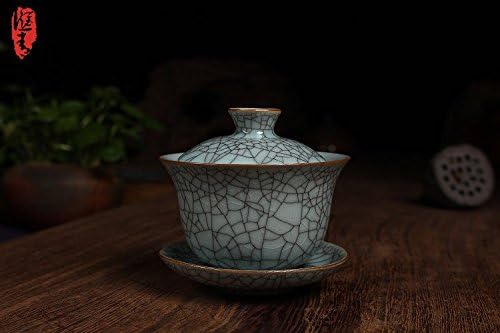 Celadon Gaiwan 5.2-Ounce kung Fu Cups Porcelain Teacup with Saucer Set with Cracking(Light Grey)