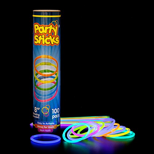 100 Count Bulk Assorted Glow Sticks in 5 Vibrant Shades (Pink, Green, Blue, Yellow, Orange), 8 Inches | Last 8 - 10 Hours | Safe, Non Toxic, Waterproof   Bracelets Party Pack by PartySticks