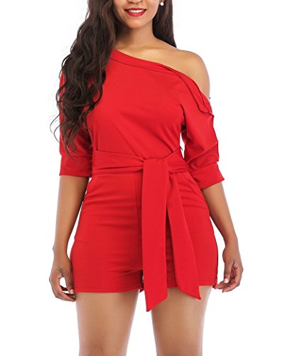 LAJIOJIO Womens Summer Shorts Jumpsuit Off Shoulder High Waist Jumpsuits Romper with Belt Red - Thumbnail 6