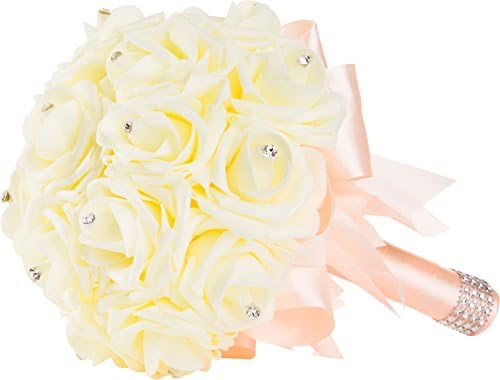 Handmade Wedding Bouquet with Ivory Flowers and Peach Ribbon and Handle by WorldofWeddings - Artificial Ivory Foam Rose Bridal Bouquet for Weddings