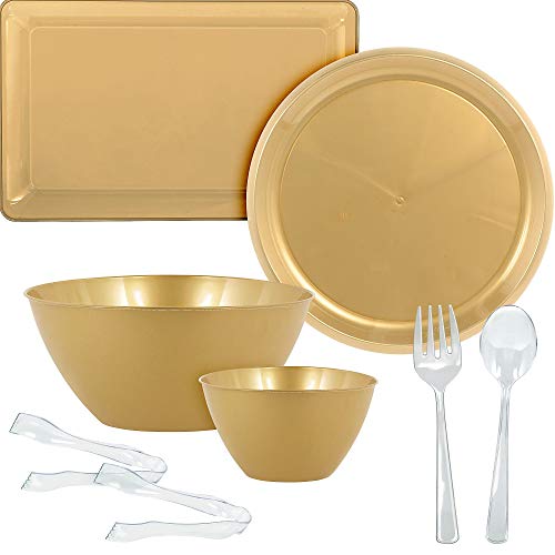 Party City Gold Serveware Supplies, Includes 2 Plastic Platters, 2 Plastic Bowls, 2 Pairs of Tongs, and Serving Utensils