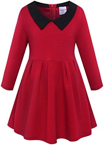 Kids Girls Peter Pan Collar Long Sleeve Cotton Princess Pleated Dress
