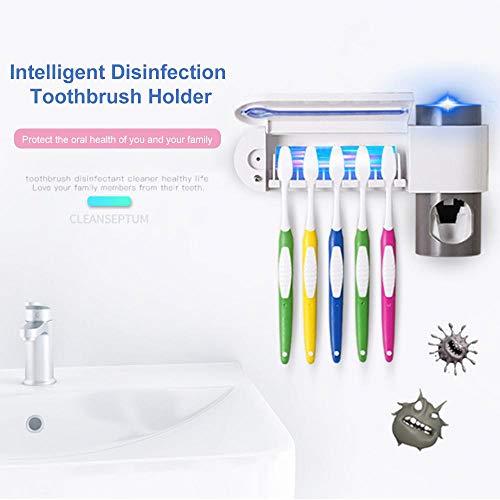Womdee UV Toothbrush Holder Sanitizer, Mulitfunction Toothbrush Holder Wall Mounted, UV Sterilizer & Automatically Dispense Toothpaste & 5 Toothbrush Slots & 3M Sticky, for All Kinds Toothbrushes