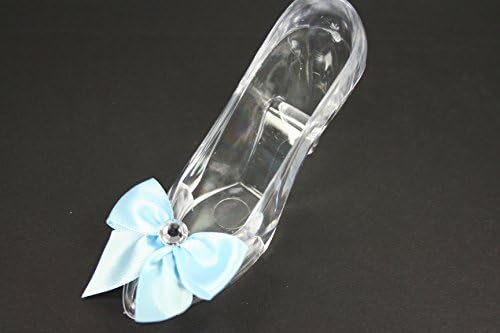 Set of 2 Princess Acrylic Clear Slipper Cake Topper, Party Favor with Satin Bow Choose Color (LIGHT BLUE BOW)