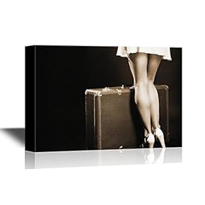 Canvas Wall Art - Travel Sexy Young Woman Hitchhiking with Retro Suitcase - Gallery Wrap Modern Home Art | Ready to Hang - 12x18 inches