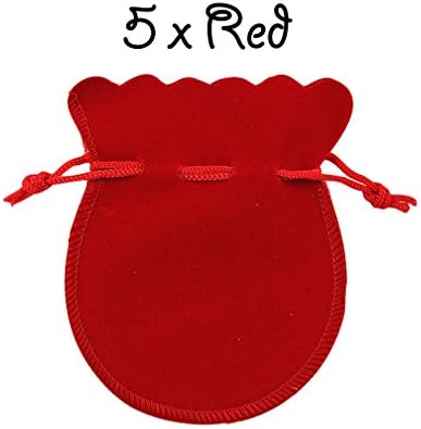 The Cufflink Shop 5 x Red Drawstring Strong Quality Thick Soft Luxurious Oval Curved Velvet Wedding Pouches Favour Bags Jewellery Pouch 7 x 9 cm