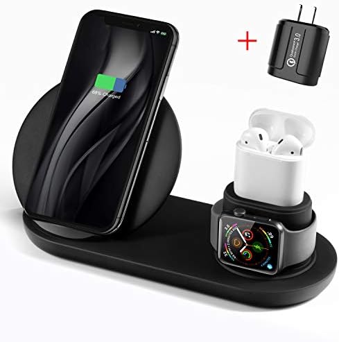 Wireless Charger, 3 in 1 Wireless Charging Stand for Apple Watch and Airpods,Qi Fast Wireless Charging Station Compatible iPhone X/XS/XR/Xs Max/8/8 Plus, for Apple Watch Series 4/3/2/1 AirPods，Black