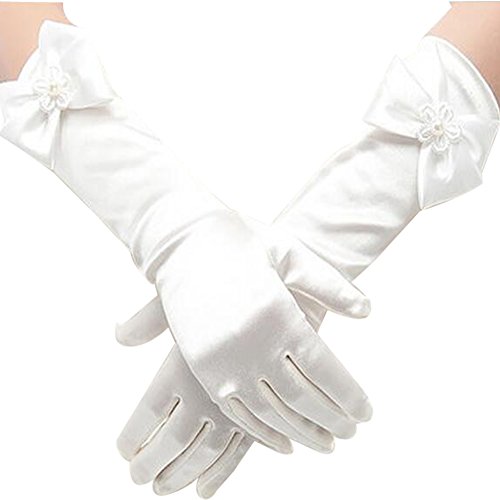 Gtopart Girls Long Satin Formal Gloves - Flower Girls Bowknot Wedding Gloves (M:4-7 Years Old), (L:8-15 Years Old) (L, White)