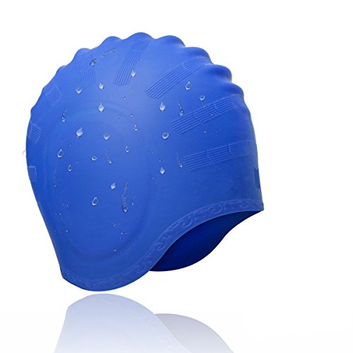 Xiaoai Swimming Cap, Waterproof Silicone Unisex Swimming Hat Long Hair Hat with Ear Cover for Women and Men for Water Sports (Blue)