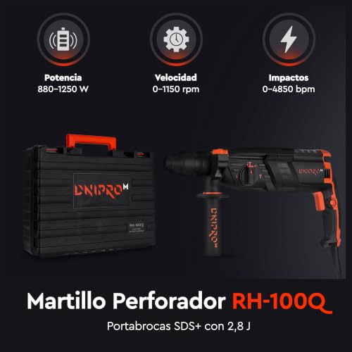 Dnipro-M SDS-Plus 880W Drill Hammer with Quick Change Chuck 2-13 mm, 3 Working Modes, 2.8J, 4850 ipm, 1150 rpm, Drilling up to 26 mm in Concrete, Case RH-100Q