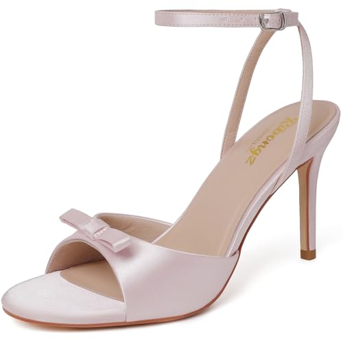 RIBONGZ Pink Heels for Women Strappy Open Toe Stiletto Heel with Bow Shoes 9.5 at Amazon