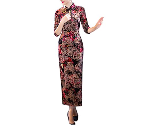 XueXian(TM) Women's Velvet 3/4 Sleeve Chinese Cheongsam Senior Lady Long Qipao Dress