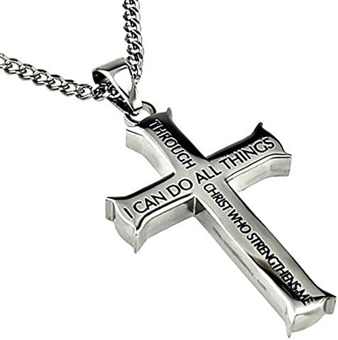 Philippians 4:13 Jewelry Cross Necklace STRENGTH Bible Verse Stainless Steel Curb Chain Fun Collections