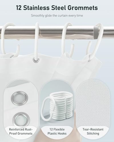 Uniclife Shower Curtain White, 180 x 200 cm Fabric Shower Curtain for Bathroom, Waterproof Polyester Bath Curtain with 12 Rust Resistant Grommets & Weighted Hem for Bathtub