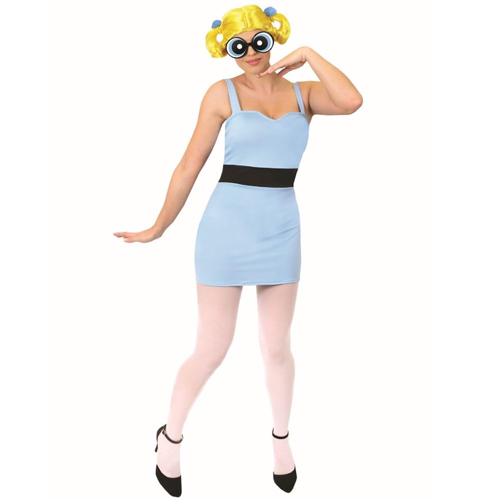 Ladies Powerpuff Girl Bubbles Costume - Small - Blue Dress with Black Stripe, Wig, Glasses, White Tights - Adults Cartoon TV Show Fancy Dress Costume