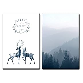 2 Panel Canvas Wall Art - Double Exposure Style Deers and Forest - Giclee Print Gallery Wrap Modern Home Art Ready to Hang - 16"x24" x 2 Panels