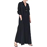 Ladyful Women's Button Down Cotton Linen Shirt Dress Long Sleeve Maxi Shirtdress Beach Summer Dress Pockets
