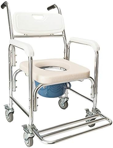 Multi-Function Wheelchair Bath Commode Chair 4 Wheels with Brakes Safe Stable Retractable Pedal Design Anti Slip Handle Foam Cushion Non-Toxic Disable Elderly Pregnancy Child Bathroom Movable Gift