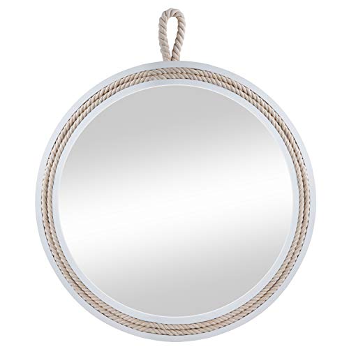 Decorative Round Hanging Wall Mirror, White Wooden Frame Mirror with Rope Loop for Bathrooms
