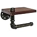 MyGift Wall Mounted Toilet Paper Holder with Industrial Metal Pipe Bar and Dark Brown Solid Wood Floating Display Shelf