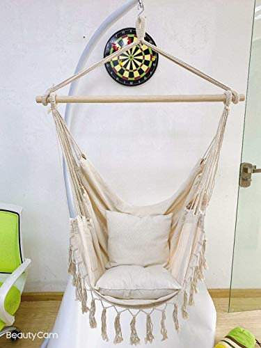 Oneplix Makramee Hängesessel (L100xB95xH130 cm) mit 2 Kissen, Tragetasche und Bücherfach/Hängematte, Hängesitz für… – Bild 8