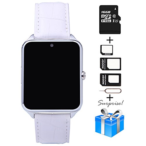 Smartwatch, Collasaro Sweatproof Smart Watch Phone with Camera and SIM Card Slot, Smart Watch for Android Samsung IOS iPhone LG Sony HTC Smartphones (White Leather)