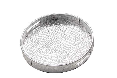 Silver Dia 13.5'' Round Glossy Croc Decorative Ottoman Coffee Table Serving Tray Cosmetic Vanity Tray for Perfume Jewelry Makeup By Decor Trends (1, 1 Silver)
