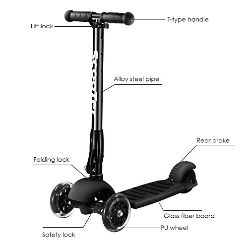 Greentest Scooter Foldable Adjustable Height Easy Turning 3 Wheel Kick Scooter for Kids Boys Girls with Flashing PU Wheels (Black)