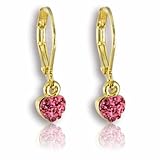 Little Girls Earrings with Dangle Crystal Heart- 14kt Gold Plated Leverbacks Fashion Jewelry for Girls