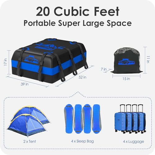 BOYUJK Car Roof Bag - 20 Cubic/566L, Waterproof, No Rack Needed, Anti-Slip Mat & 6 Heavy-Duty Straps, Folding Soft Roof Box (Blue, 566L)