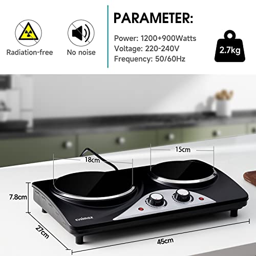 CUSIMAX Electric Stove Double Hot Plate1200W+900W Infrared Ceramic Plate for Cooking, Dual Temperature Control Cooktop Burner