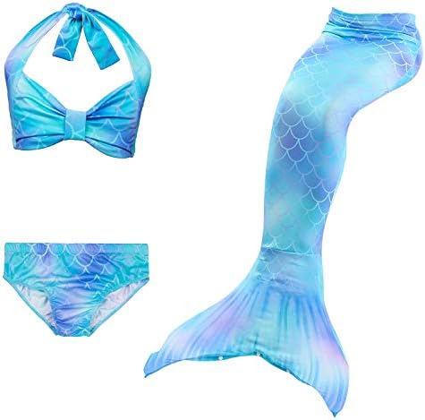 DecStore 3PCS Girls Swimsuit Mermaid Tail Swimwear Bikini Set Costume for Swimming
