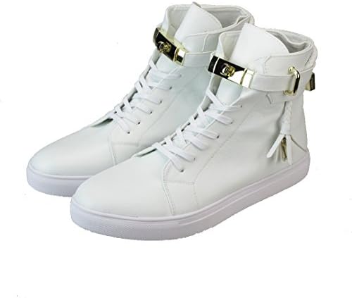 ENDEVICE Mens High top Fashion sneakers Matel Padlock Belt Casual Shoes Lace up White 40 EU (US Men's 8 M)