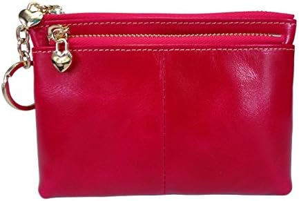KELADEY Women's Leather Mini Zipper Coin Purse Card Holder with Key Chain Wallet (Rose Red)