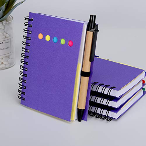 Maxdot 4 Pieces Kraft Paper Steno Pocket Business Notebook Spiral Lined Notepad Set with Pen in Holder, Sticky Colored Notes Page Marker Tabs (Purple Cover) - Thumbnail 3
