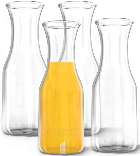 34 oz Glass Carafe - 4 Pack - Drink Pitcher and Elegant Wine Decanter, Comfortable Grip with Narrow Neck Design, Wide Opening for Easy Pouring - Great for Parties and Events - Kitchen Lux