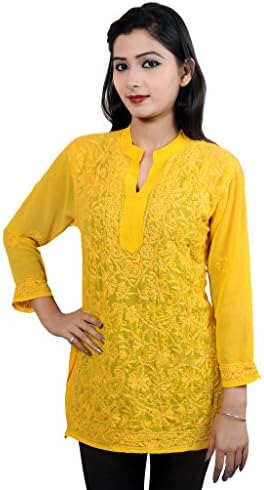 ACC Kurtis for Women Indian Tunic Ladies Party Wear Georgette Top 3/4 Sleeve Hand Embroiderd 44 Yellow
