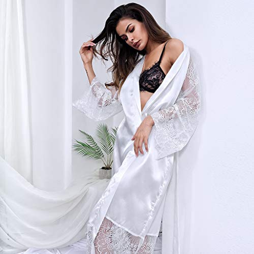 Womens Lace Trim Kimonos Robes Long Satin Gown Bathrobe Sleepwear Lace Sleeve Loungewear with Belt White