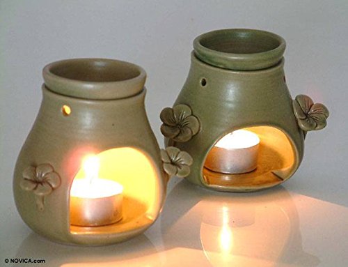 NOVICA Floral Ceramic Incense Holder, Green 'Frangipani Dreams' (pair)