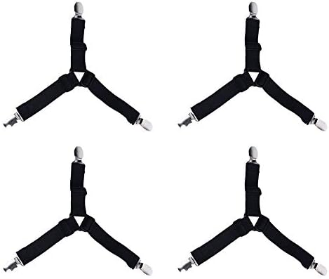 Set of 4 Pcs Sheet Fasteners, Adjustable Elastic Bed Sheet Holder Straps 3 Way Triangle Bed Sheet Keeper Straps Clips for Mattress Cover Holder Sofa Cushion - Black