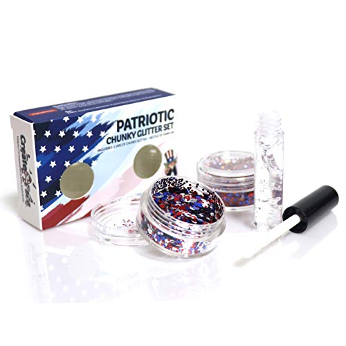 USA Colors Chunky Glitter Kit with Cosmetic Glue (2 Jars x 5g Each - Blue, Red & White) for America's Patriotic Events 4th of July, Independence Day, Veterans Day, Presidents Day and More - Non-Toxic