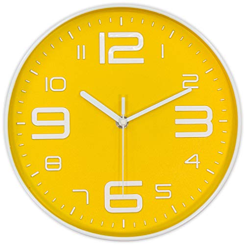 45Min 10-Inch 3D Number Dial Face Modern Wall Clock, Silent Non-Ticking Round Home Decor Wall Clock with Arabic Numerals, 7 Color Dial Face (Yellow)