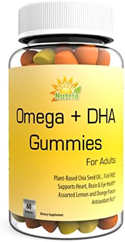 Best Omega 3-6-9 &amp; DHA Gummies By Nutria-Super Potency Dietary Supplement For Adults- (550mg) Fish Free, Plant Based Chia Seed Oil-60 Count Heart, Brain, and Immune Support-Orange &amp; Lemon Flavor
